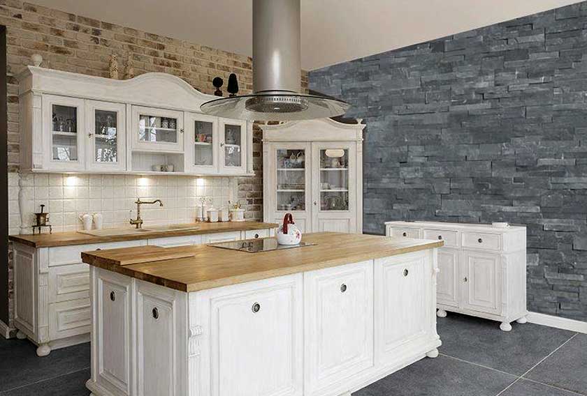 A natural stone wall cladding for a kitchen