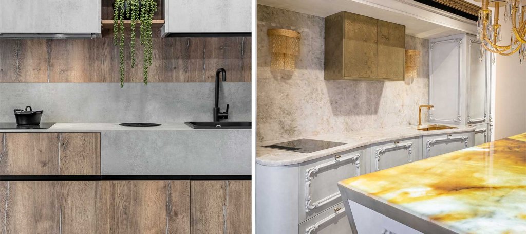 different kitchen styles for different households. luxury kitchen vs minimalistic kitchen.