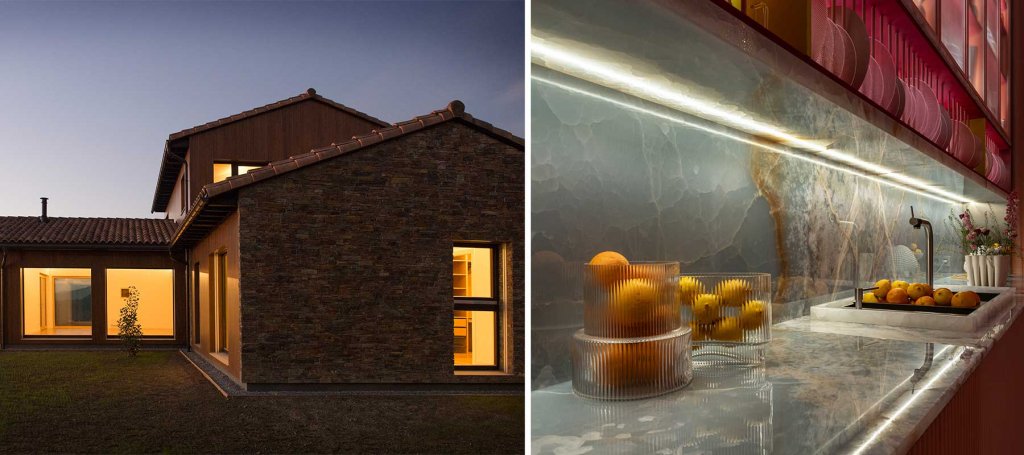 From rustic façades in multicolor Stonepanel™ to sleek onyx kitchens — natural stone connects styles across the home