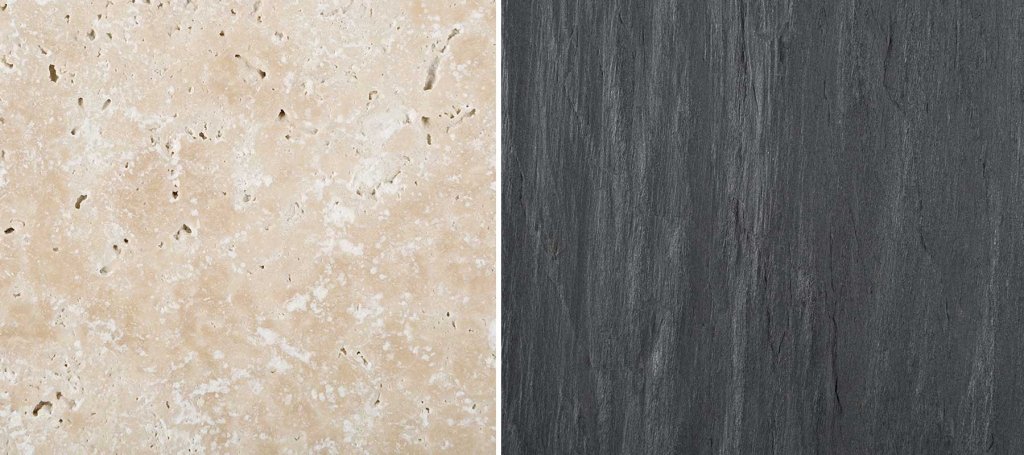 Porous travertine (left) and non-porous Infercoa schist (right): sealing and slip resistance matter, especially outdoors