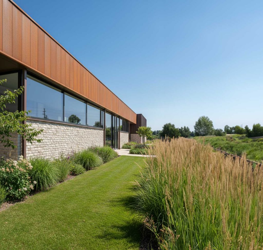 A striking combination of STONEPANEL®, corten steel and large glass openings gives this building a bold, contemporary character rooted in natural materials.
